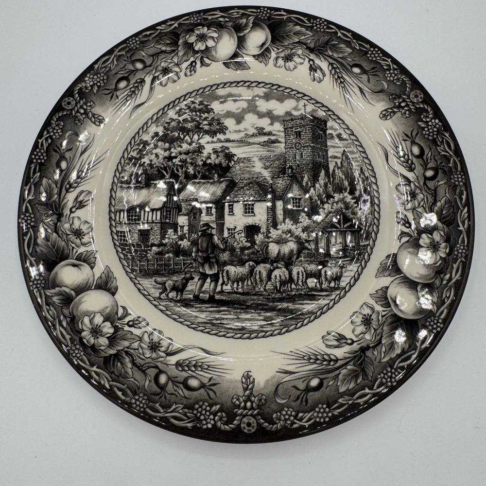 Royal Stafford Black White Transferware English Village Shepherd Plate 8.5in